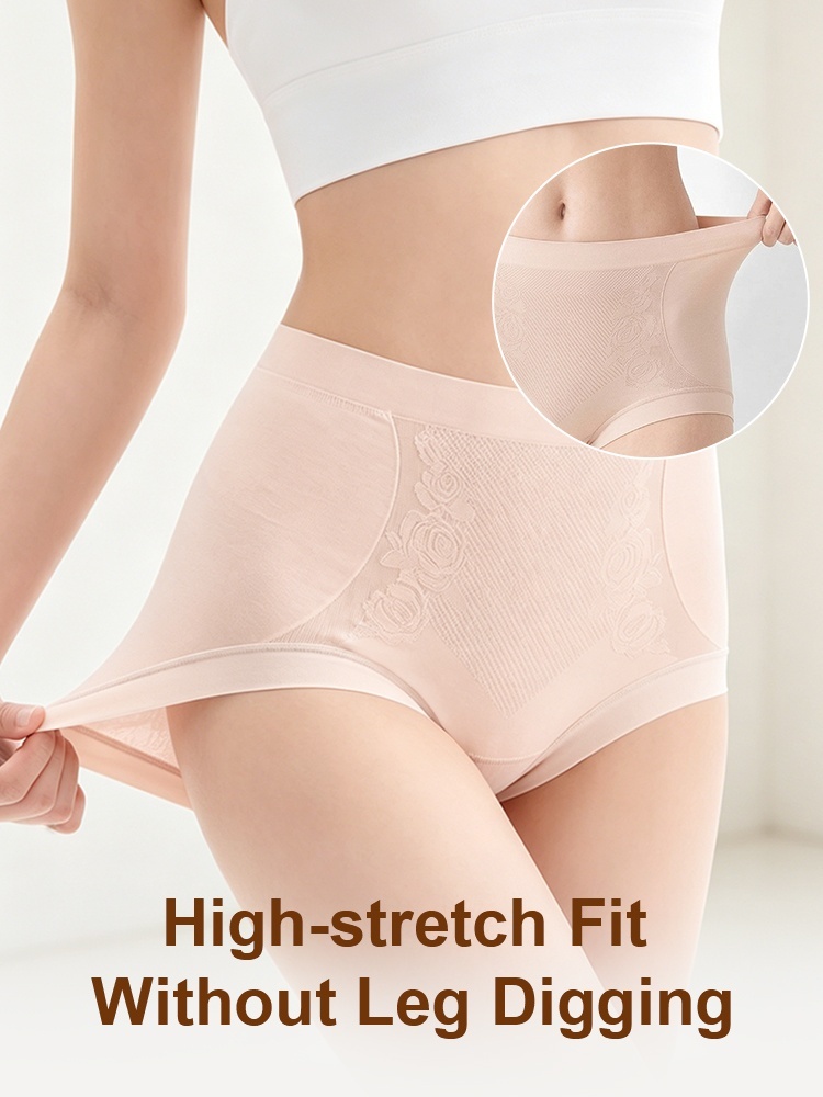 Model wearing pale pink seamless panty with stretched leg opening graphic VEIMIA