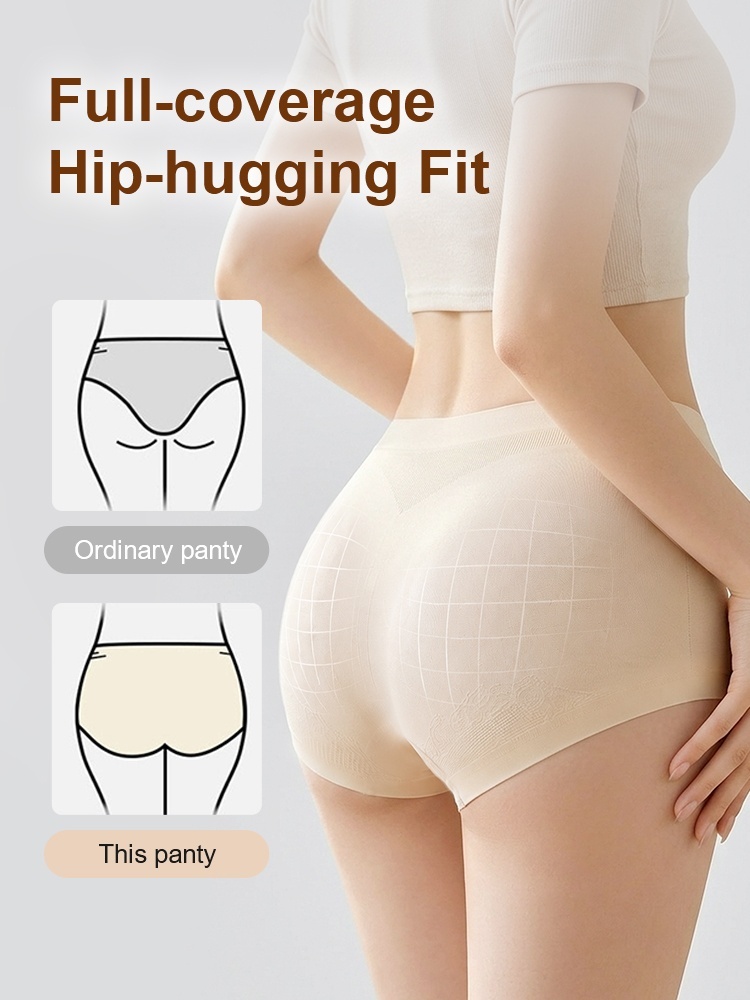 Back view feature graphic showing beige seamless panty full coverage fit VEIMIA