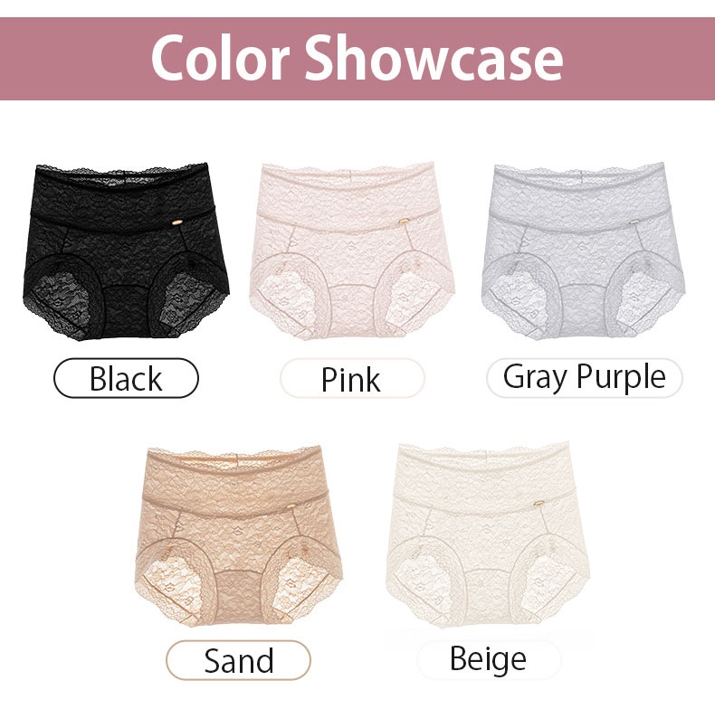 Color showcase of black pink gray purple sand and beige lace panties VEIMIA