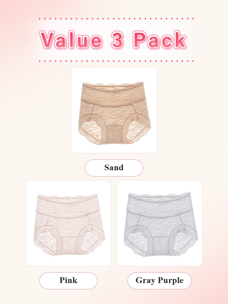 Value 3 pack lace panties in sand pink and gray purple VEIMIA