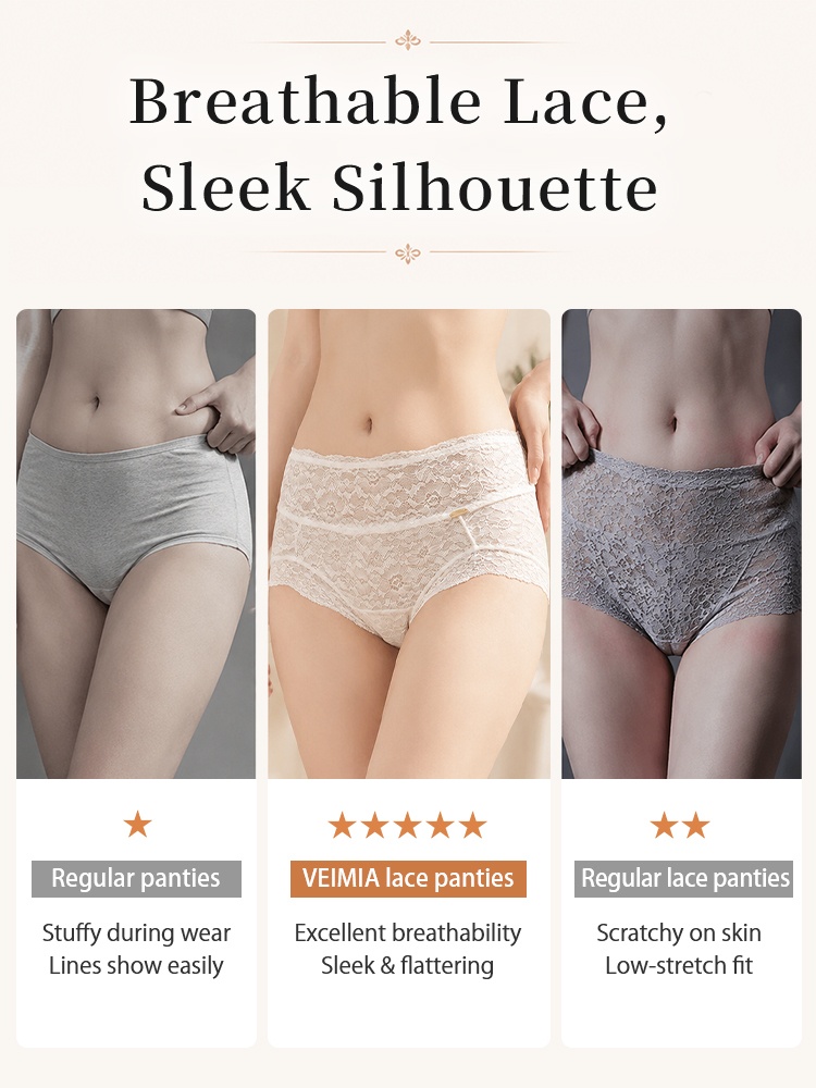 Comparison graphic showing breathable lace panties beside regular panty styles VEIMIA