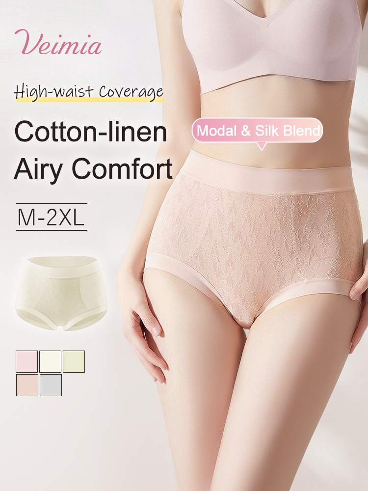 Model wearing pink high waist panties beside color swatches and fabric feature text VEIMIA