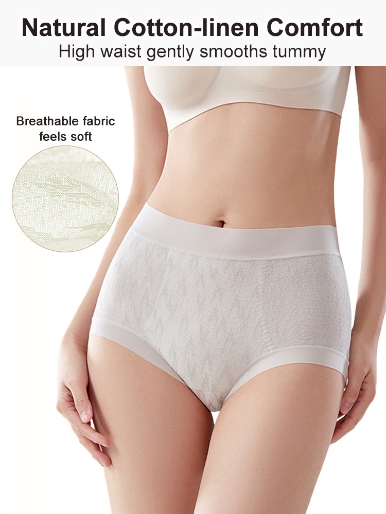 Model wearing ivory high waist panties with breathable fabric close-up VEIMIA