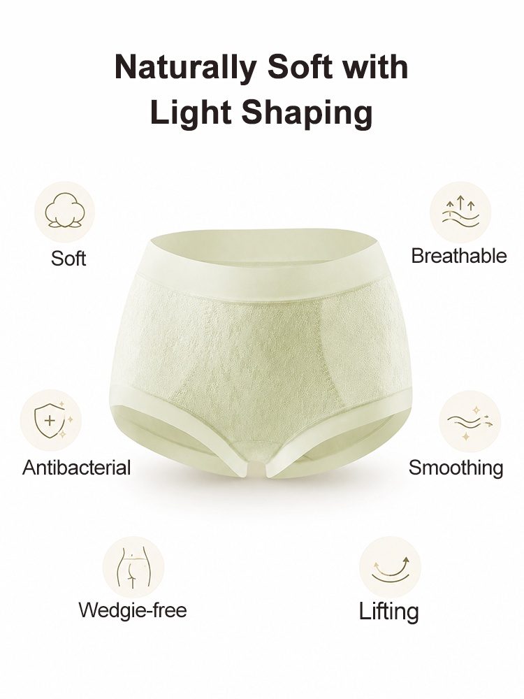 Feature graphic showing soft breathable smoothing antibacterial lifting and wedge-free panty design VEIMIA