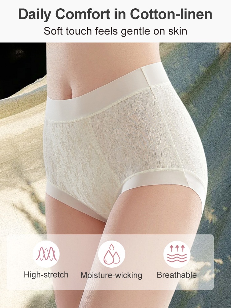 Model wearing ivory high waist panties with stretch moisture-wicking and breathable feature icons VEIMIA