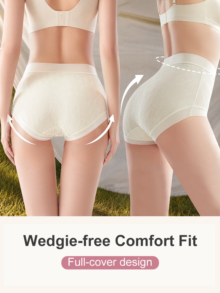 Back and side views of model wearing ivory full coverage panties VEIMIA