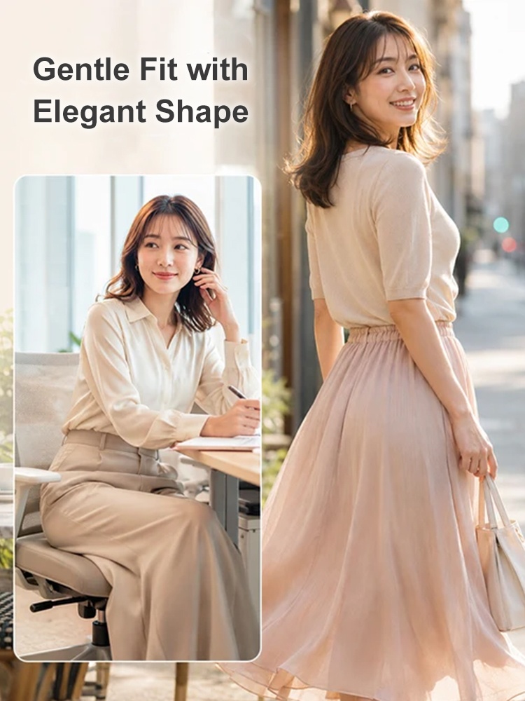 Lifestyle models in beige outfits illustrating gentle fit under clothing VEIMIA
