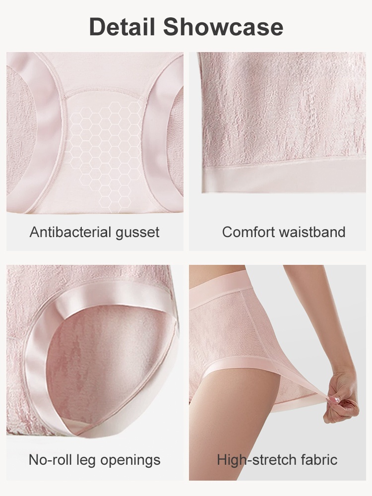 Detail showcase of gusset waistband leg openings and stretch fabric on pink panties VEIMIA