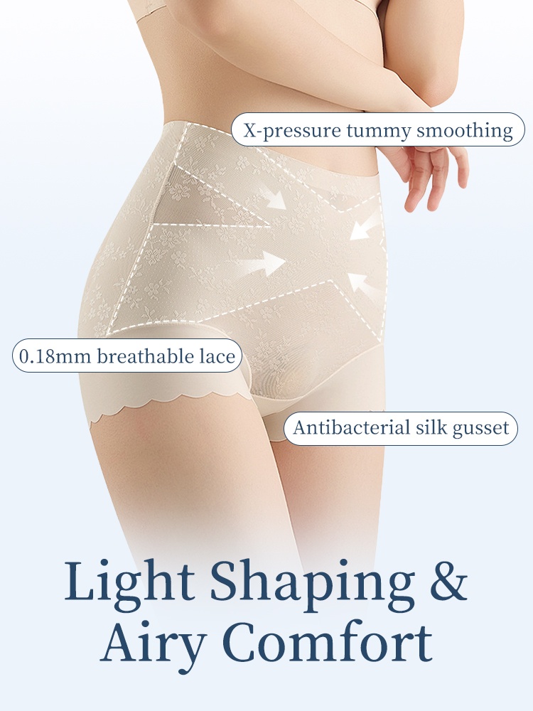 Model wearing beige high waist shaping shorts with lace panels VEIMIA