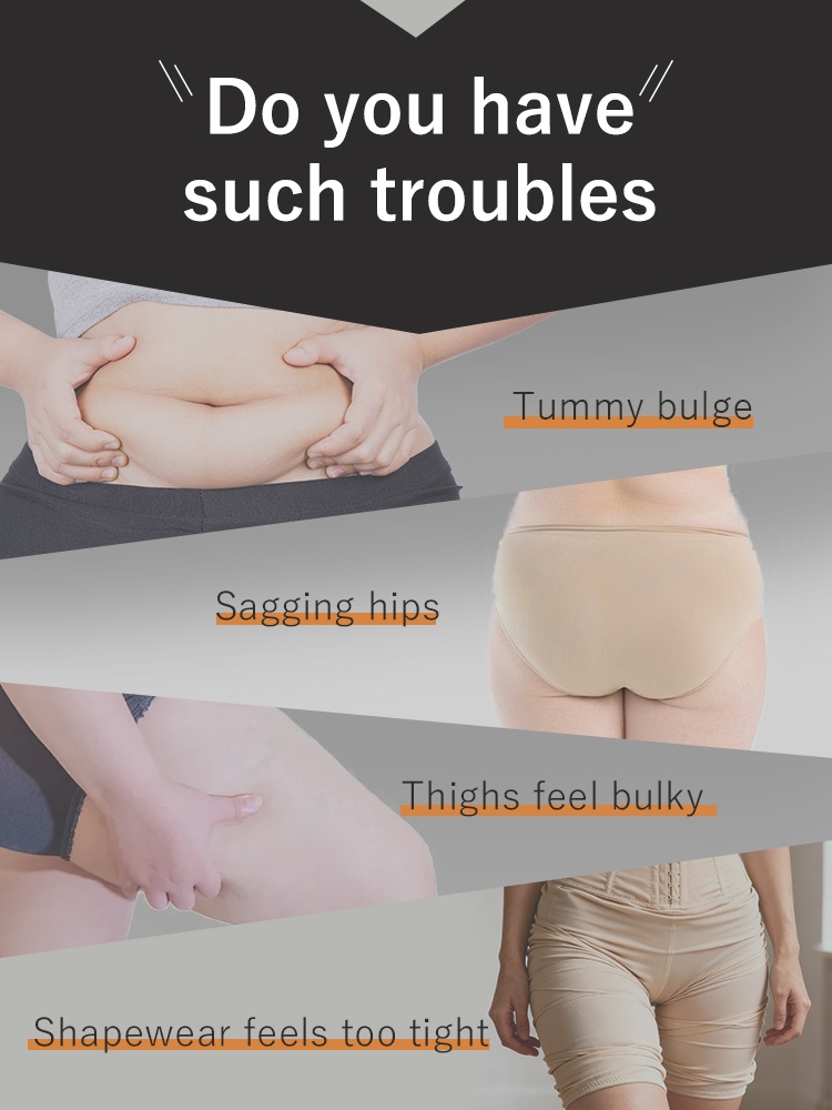 Problem graphic showing tummy hip thigh and tight shapewear concerns VEIMIA