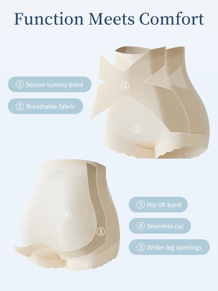 Feature diagram showing tummy band breathable fabric hip lift and wide leg openings VEIMIA