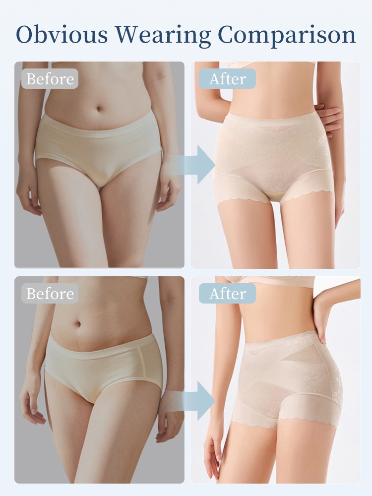Before and after comparison showing high waist shaping shorts fit VEIMIA