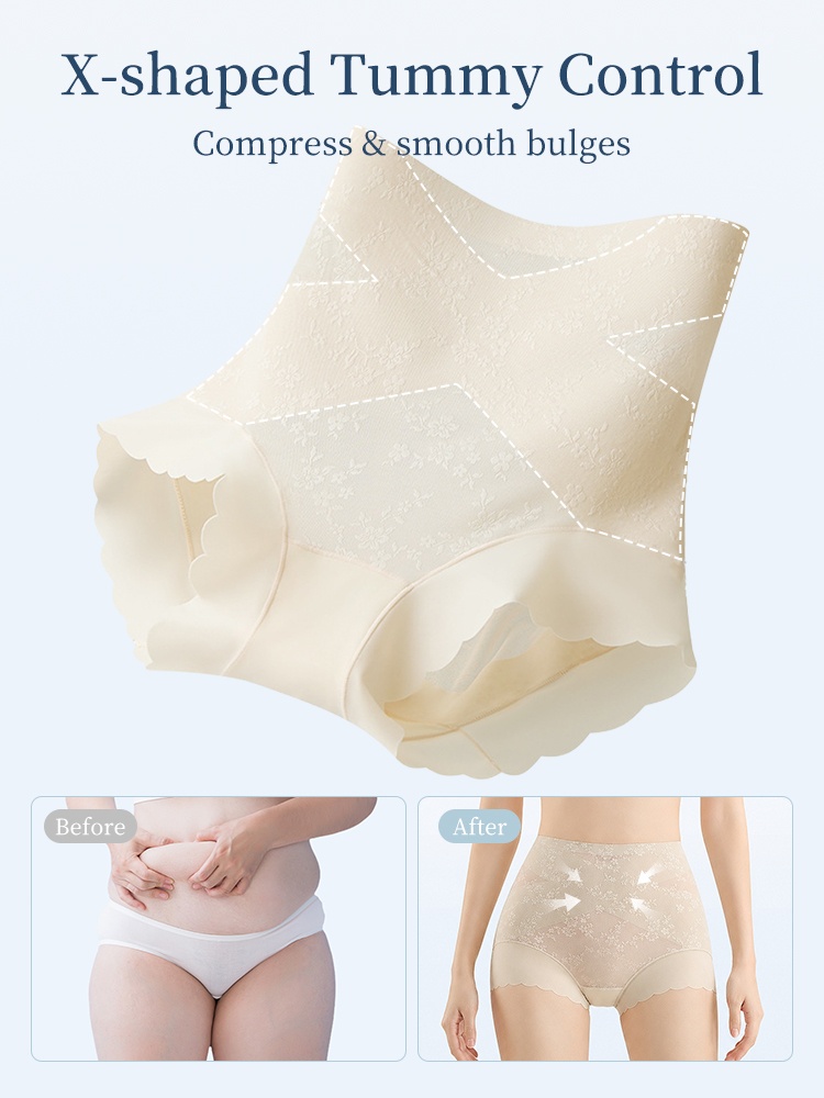 Feature graphic showing X shaped tummy control on beige shaping shorts VEIMIA