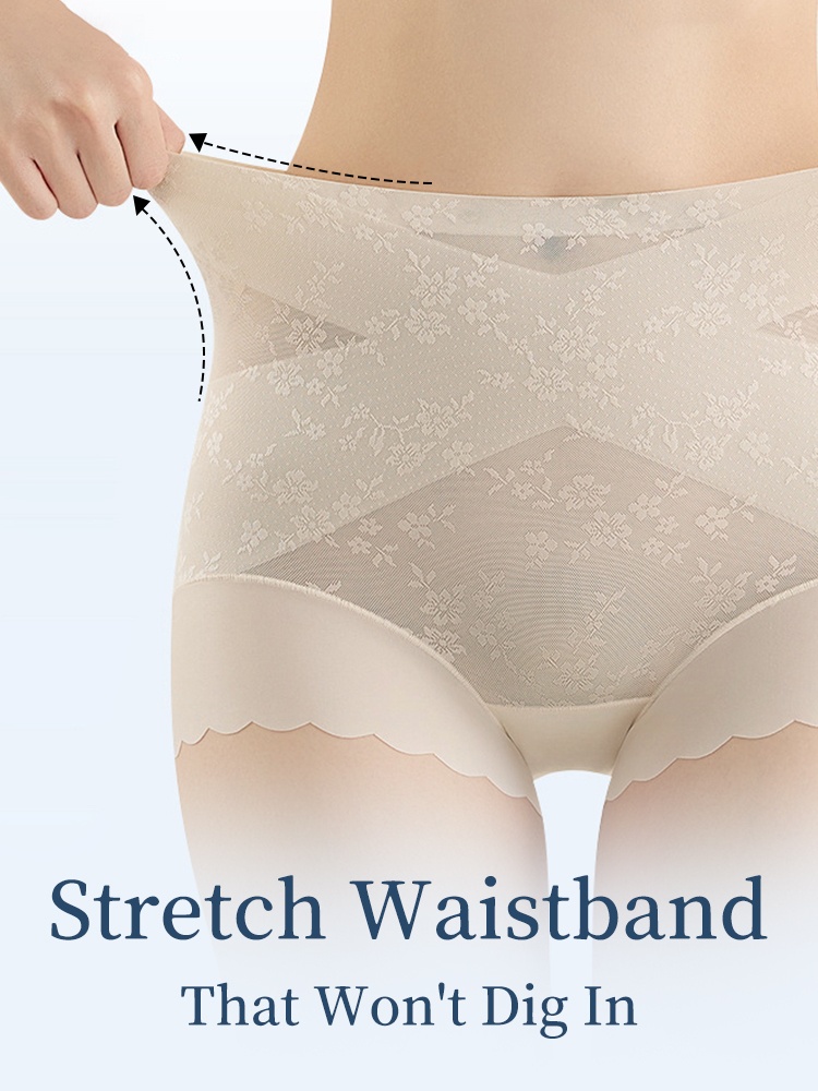 Stretch demonstration of beige lace waistband pulled outward by hand VEIMIA