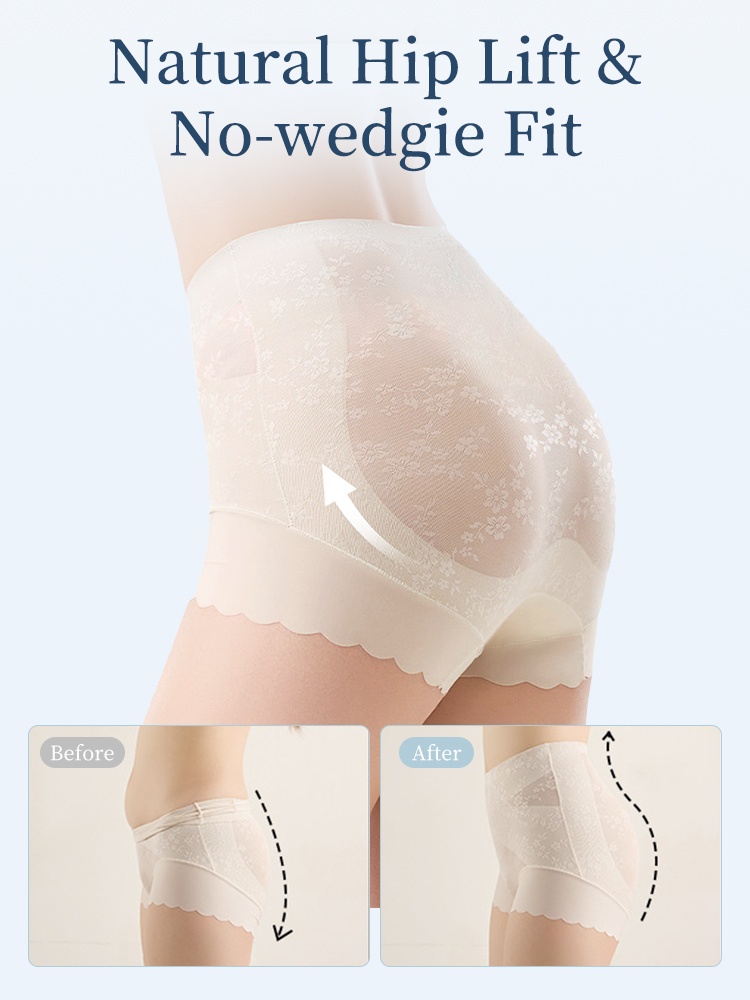 Feature graphic showing rear lift panel on beige shaping shorts VEIMIA