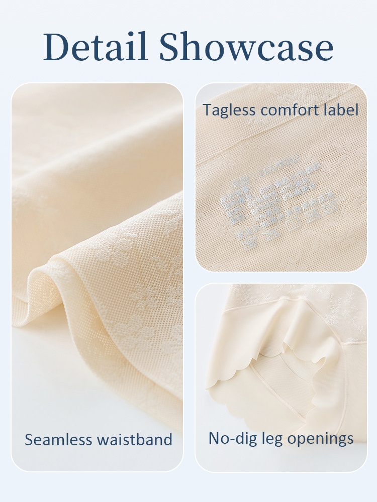 Detail showcase of seamless waistband tagless label and scalloped leg openings VEIMIA