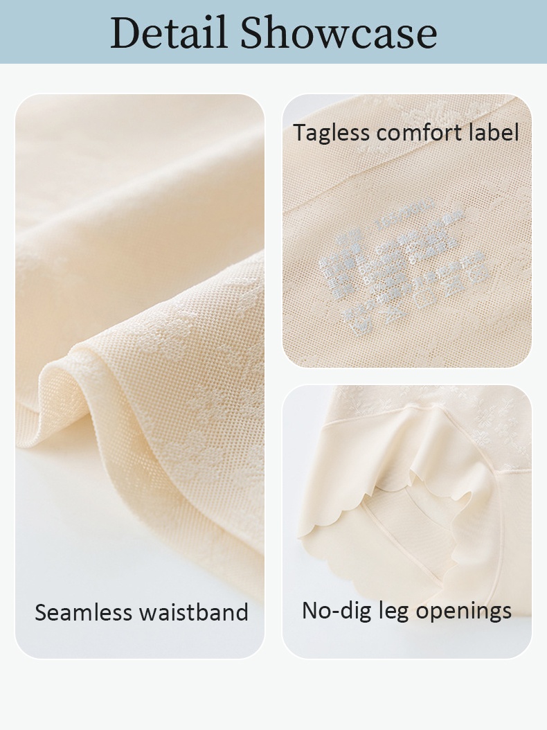 Detail showcase of seamless waistband tagless label and no dig leg openings VEIMIA