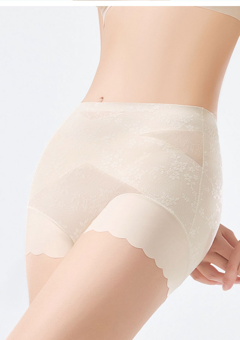 Three quarter view of beige high waist shaping shorts with lace panels VEIMIA