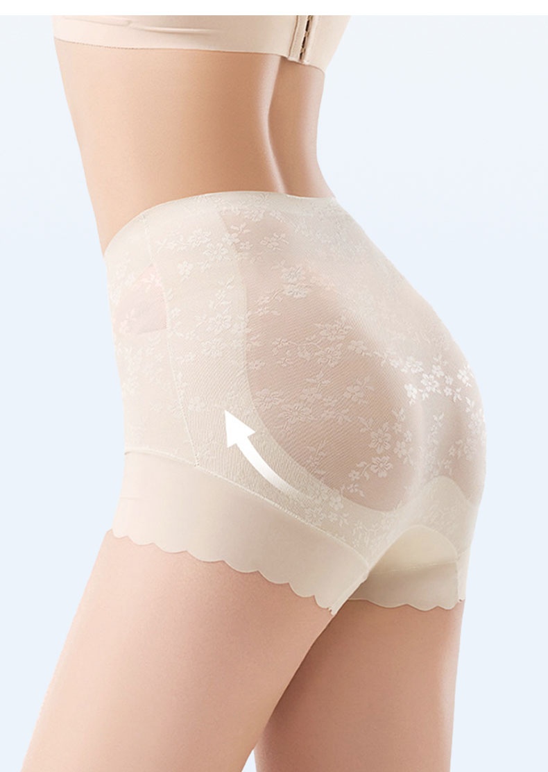 Back view of beige lace shaping shorts with rear lift panel VEIMIA