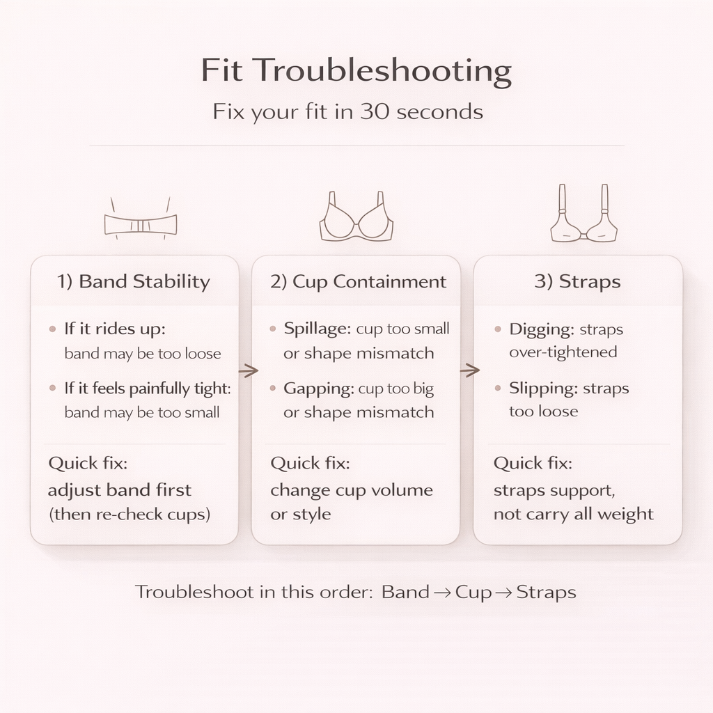 Bra fit guide band rides up cup spillage or gaping