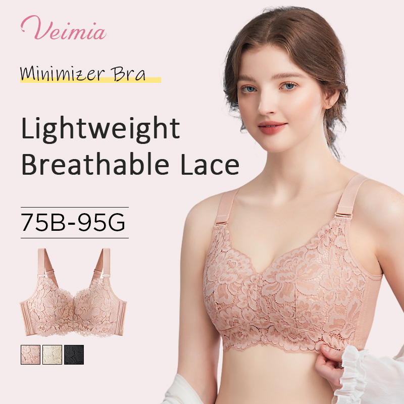 Breathable Full Cup Lace Minimizing Bra With Adjustable Strap VEIMIA