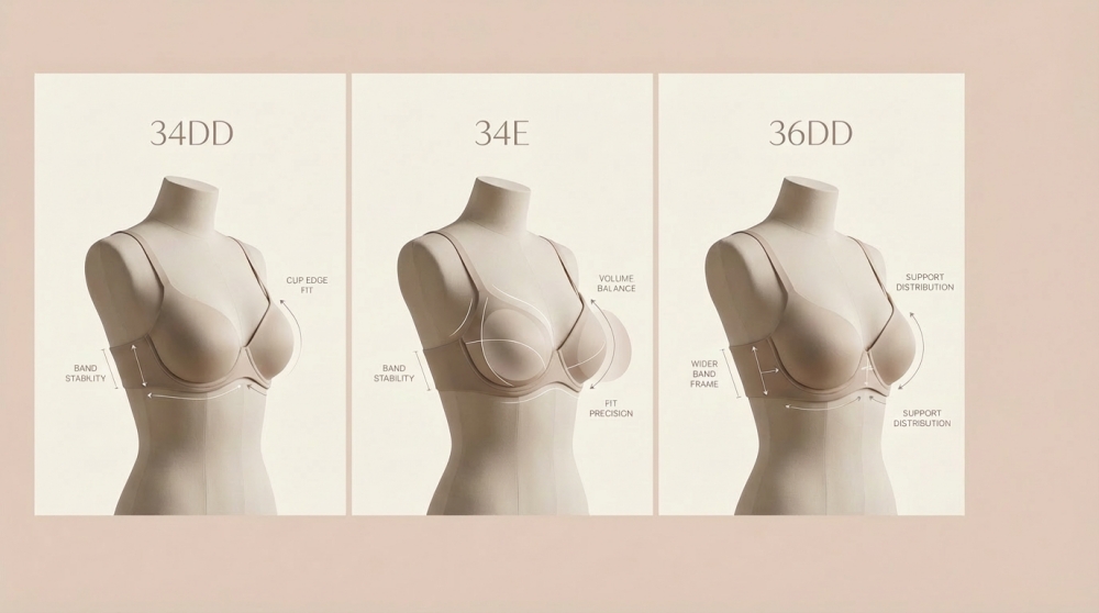 VEIMIA 34dd vs 34e vs 36dd bra size comparison band and cup difference