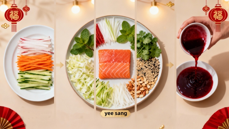 VEIMIA Yee Sang recipe step-by-step infographic showing shredded vegetables, salmon, sesame seeds, peanuts and plum sauce for Malaysian Chinese New Year.