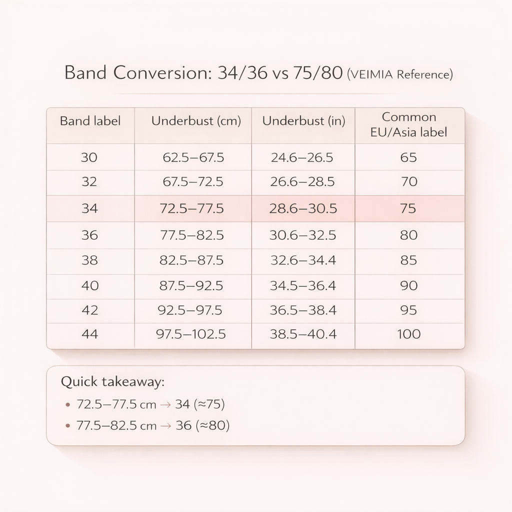 VEIMIA band range scale highlighting 34 (72.5&ndash;77.5 cm) and 36 (77.5&ndash;82.5 cm) underbust ranges