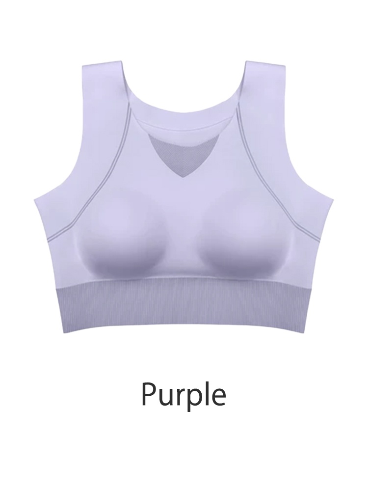 Purple sports bra front view with wide straps and ribbed hem VEIMIA