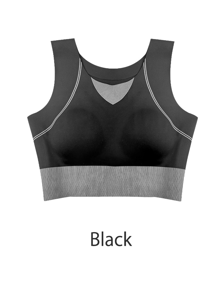 Black sports bra front view with contrast stitching and ribbed hem VEIMIA