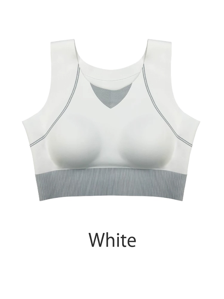 White sports bra front view with grey neckline insert and ribbed hem VEIMIA