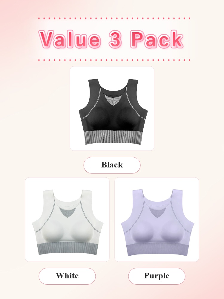 Value three pack sports bras in black white and purple VEIMIA