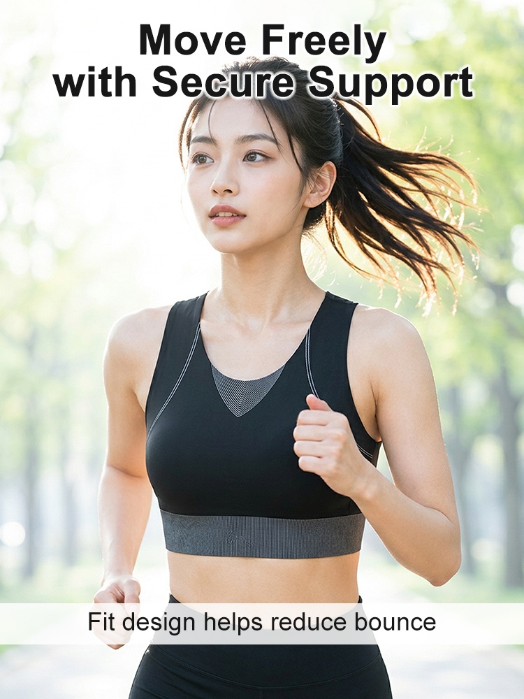 Model running in black sports bra with secure support design VEIMIA