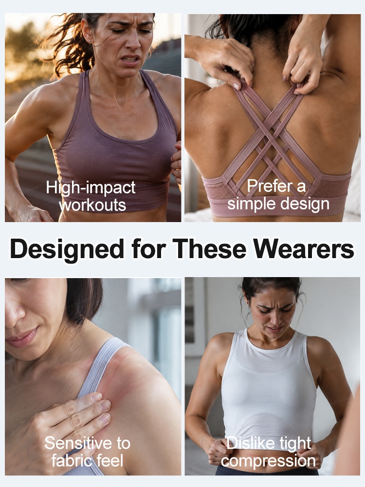 Wearer needs graphic for high impact comfort and simple sports bra design VEIMIA