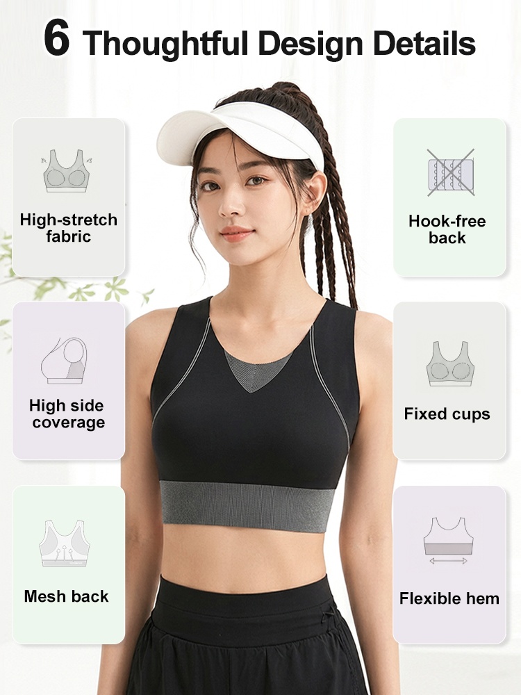 Feature graphic showing six stretch support and comfort design details VEIMIA
