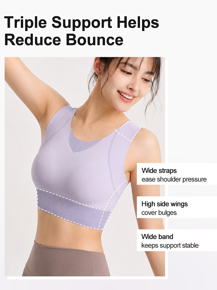 Feature graphic showing wide straps high side wings and stable support band VEIMIA