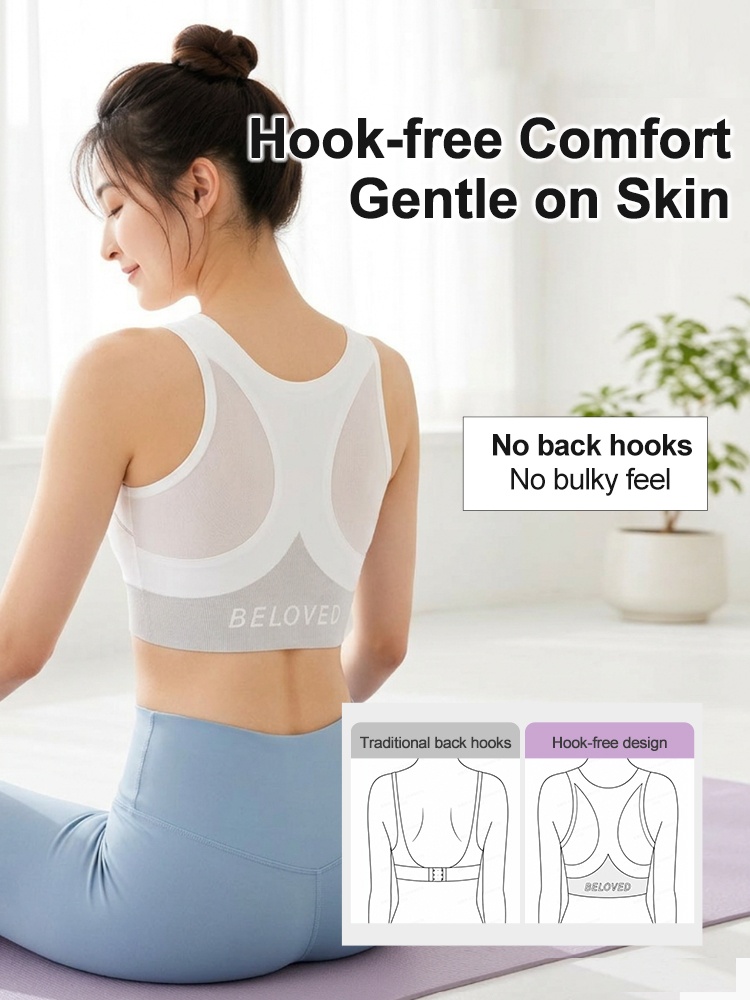 Back view showing hook free sports bra design and smooth mesh panels VEIMIA