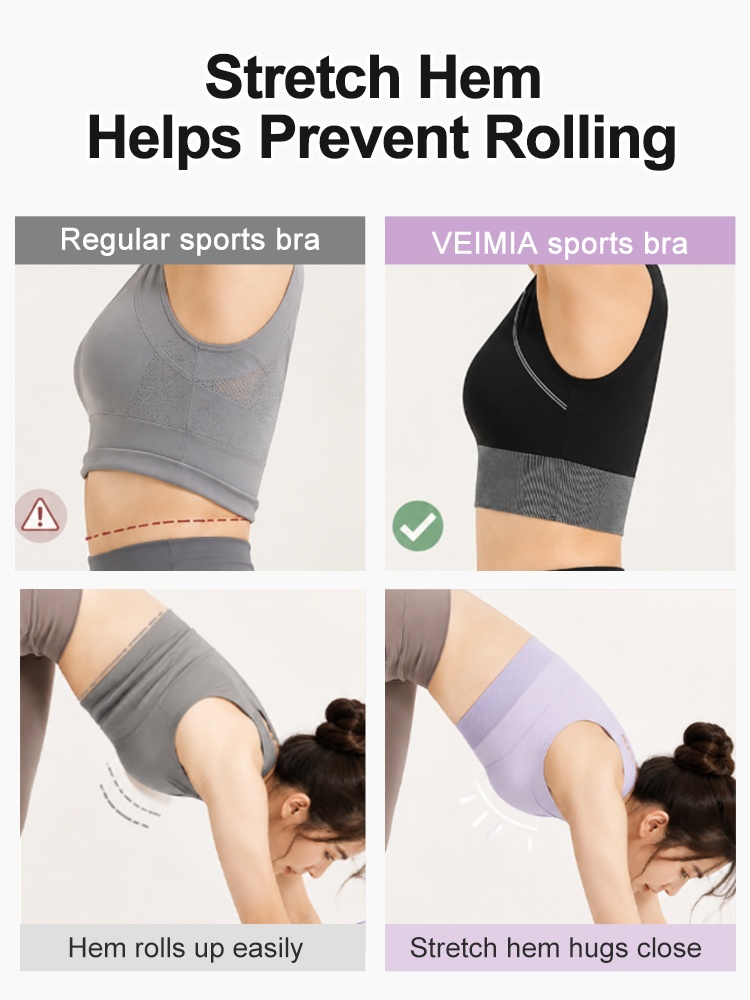 Comparison graphic showing stretch hem designed to stay flat during movement VEIMIA