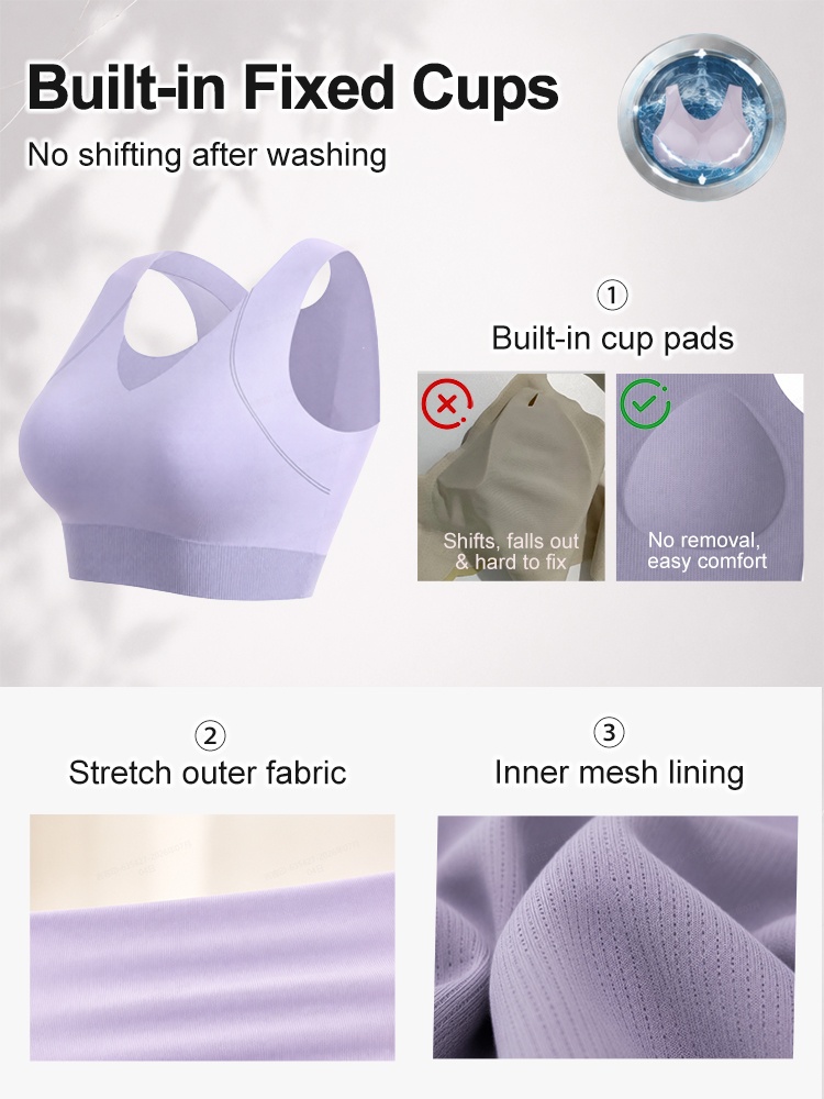 Feature graphic showing fixed cups stretch fabric and inner mesh lining VEIMIA