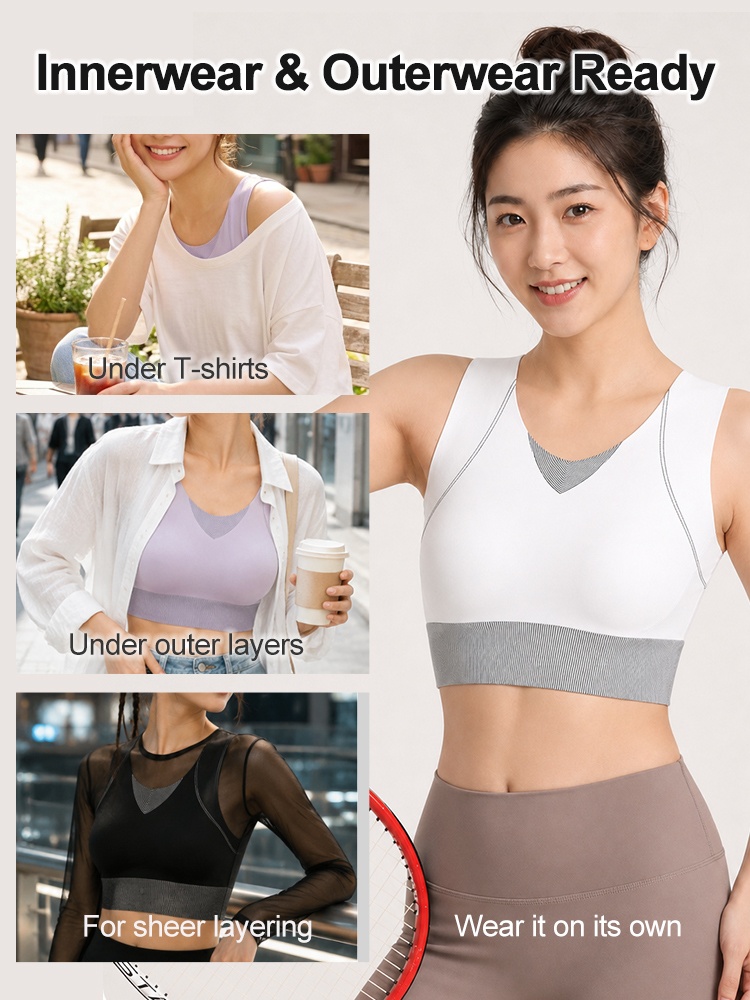 Sports bra styling showcase for layering and wearing on its own VEIMIA