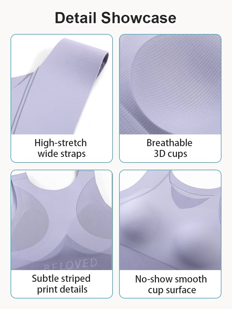 Detail showcase of wide straps breathable cups striped back and smooth front VEIMIA