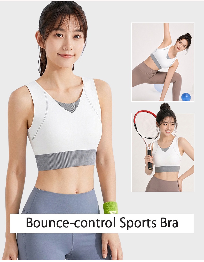Model wearing white sports bra for stretching and racket sports VEIMIA