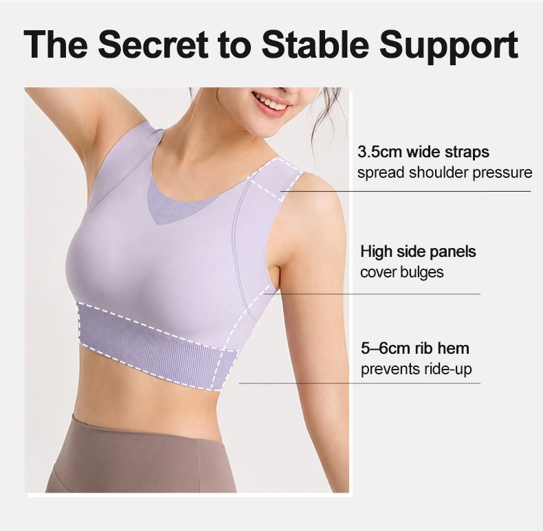 Feature graphic showing wide straps high side panels and ribbed hem VEIMIA