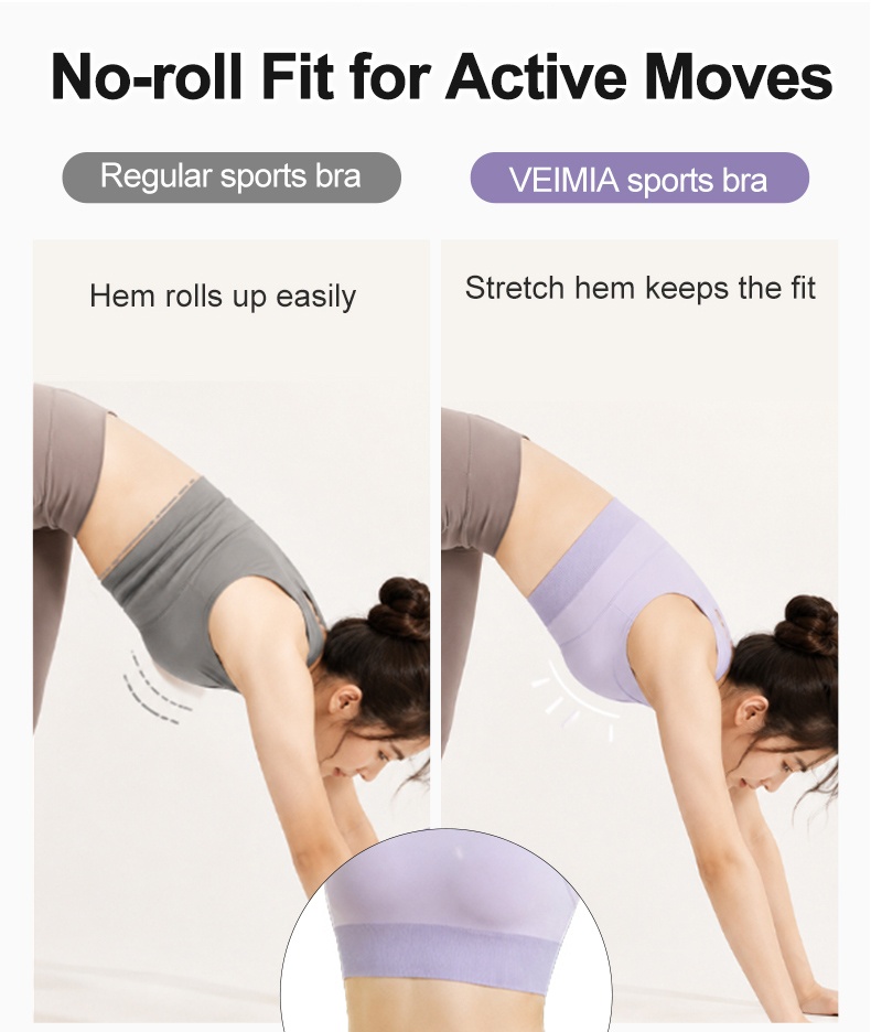 Comparison graphic showing stretch hem designed to stay flat during movement VEIMIA