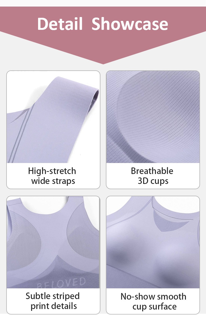 Detail showcase of wide straps breathable cups striped back and smooth front VEIMIA