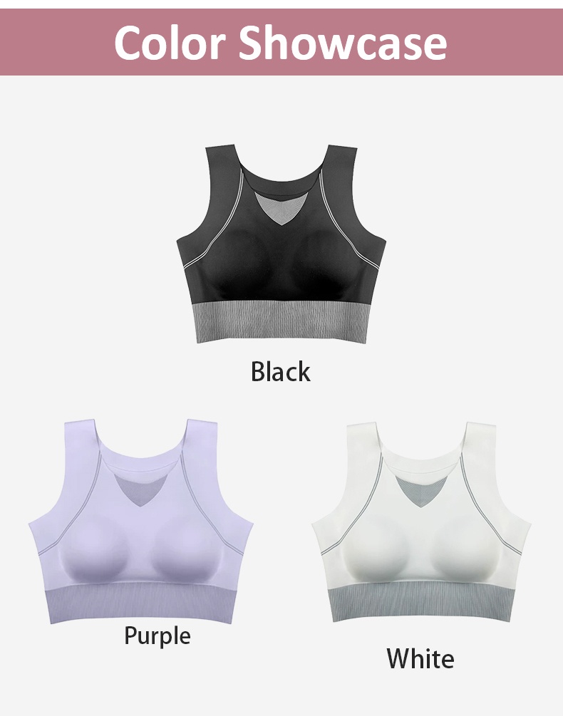 Color showcase of black purple and white sports bras VEIMIA