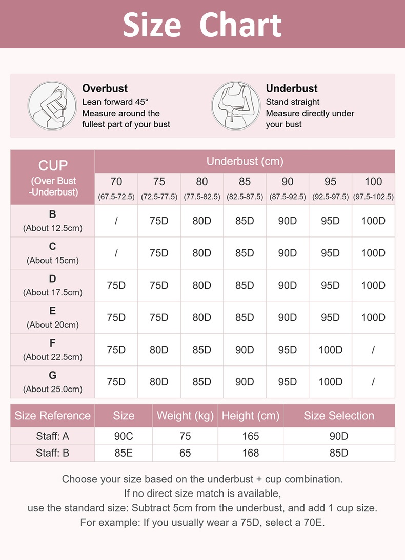 Nursing bra size chart with overbust and underbust measurement guide and cup sizes VEIMIA