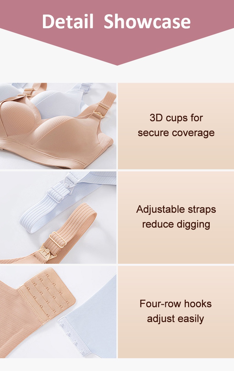 Nursing bra detail showcase showing molded cups adjustable shoulder straps and four row hook closure VEIMIA
