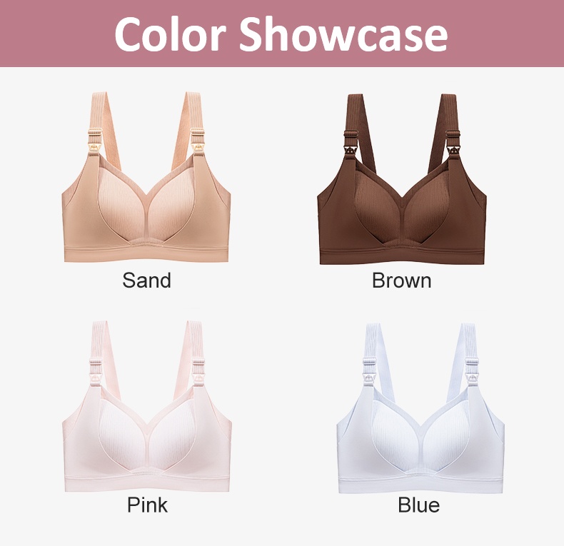 Color showcase of nursing bras in sand brown pink and blue VEIMIA