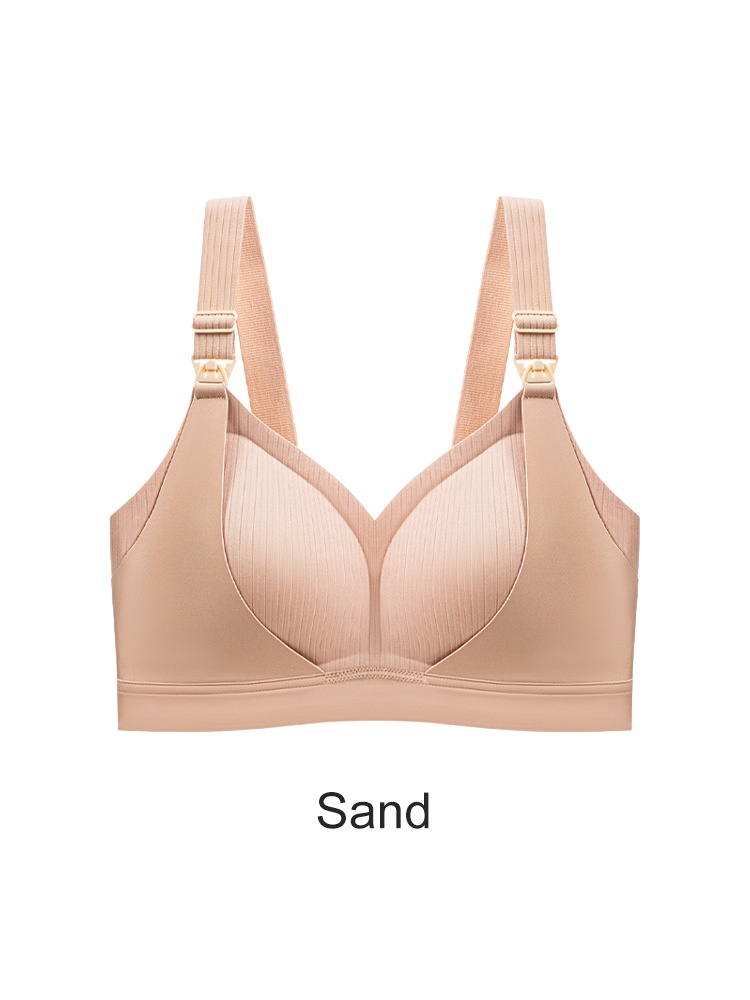 Sand nursing bra front view with ribbed cups adjustable straps and nursing clips VEIMIA